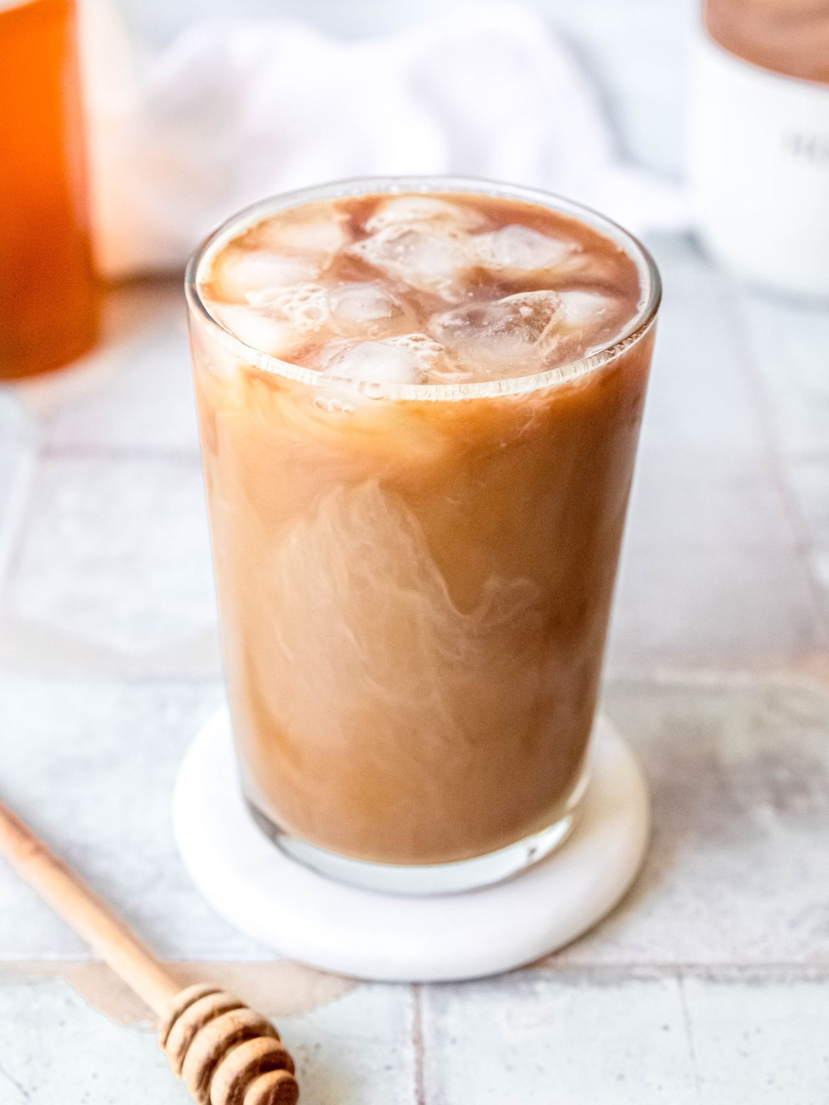 45 degree angle shot of starbucks copycat honey almond milk cold brew.