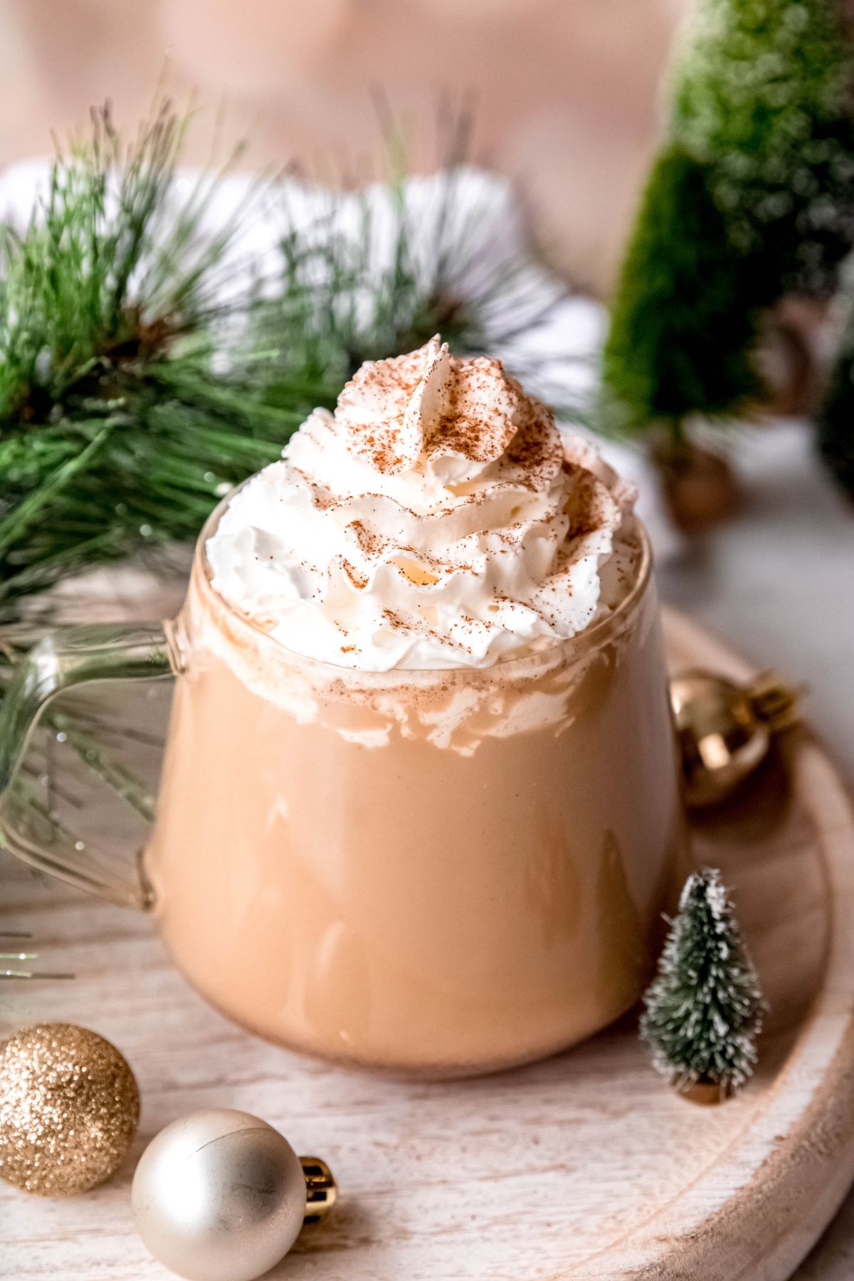 clear glass mug filled with gingerbread latte topped with whipped cream and spice.