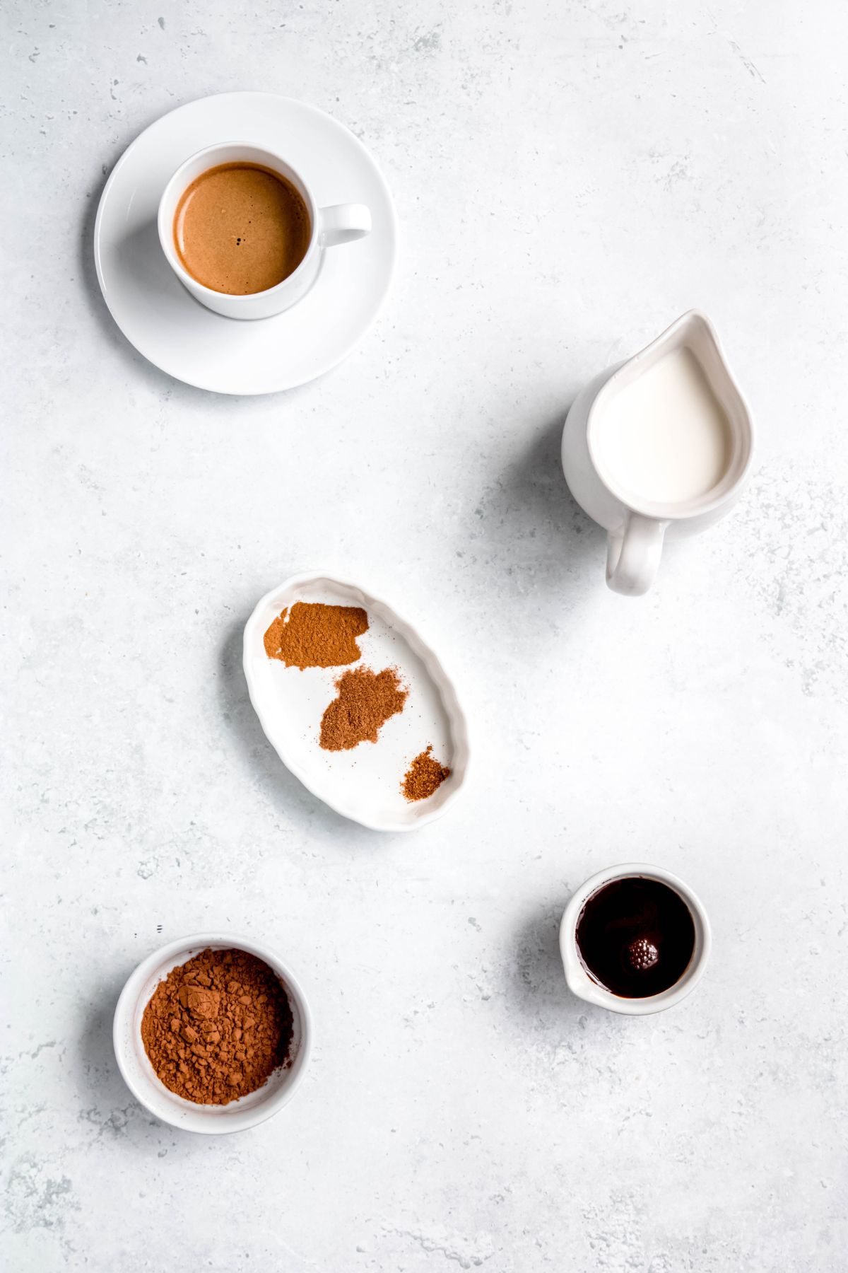 All of the ingredients for Mexican mochas on a white background.