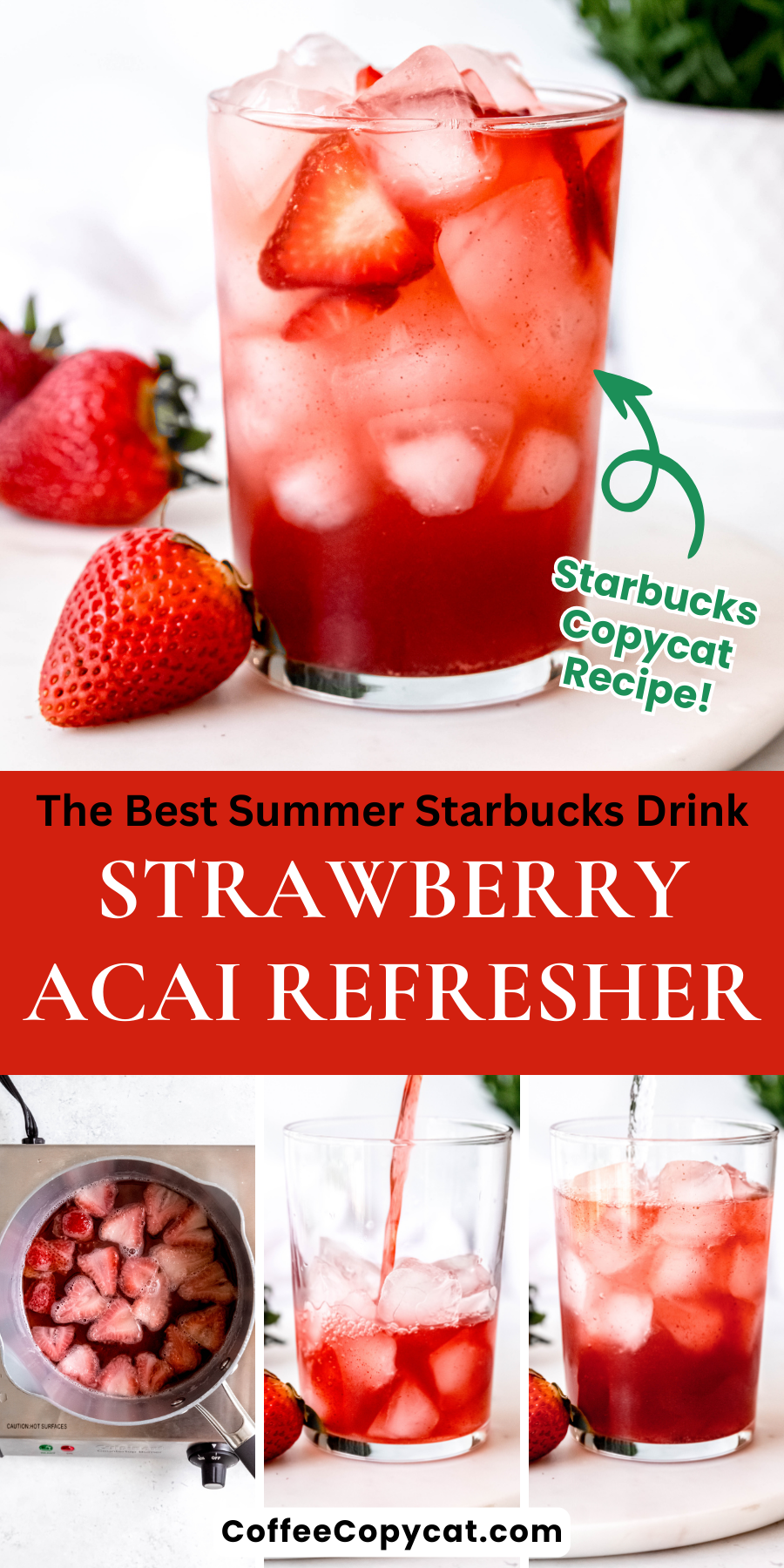 Enjoy this delicious homemade Starbucks Strawberry Acai Refresher! This refreshing summer drink is easy to make and perfect for enjoying as a mocktail at your summer get-togethers. Whether you're hosting a BBQ, picnic, or pool party, this delicious summer drink is sure to be a hit. Made with fresh strawberries, acai, and a hint of sweetness, it’s the ideal summer drink on a hot summer’s day. Get this Starbucks summer drink recipe here. #starbuckssummerdrinks #summerdrinks