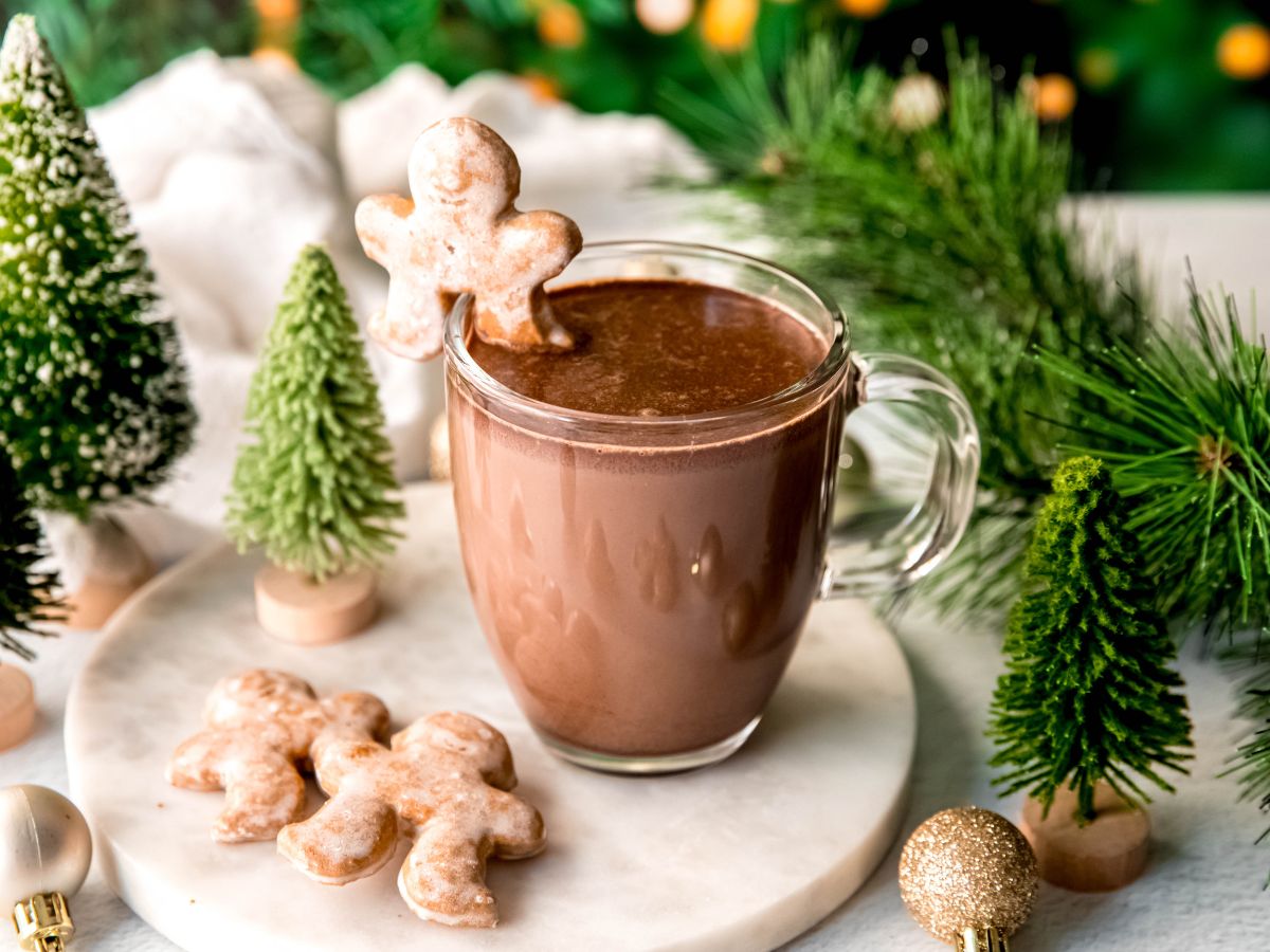A horizontal shot of gingerbread hot chocolate on the counter with evergreen, baubles, and cookies. 
