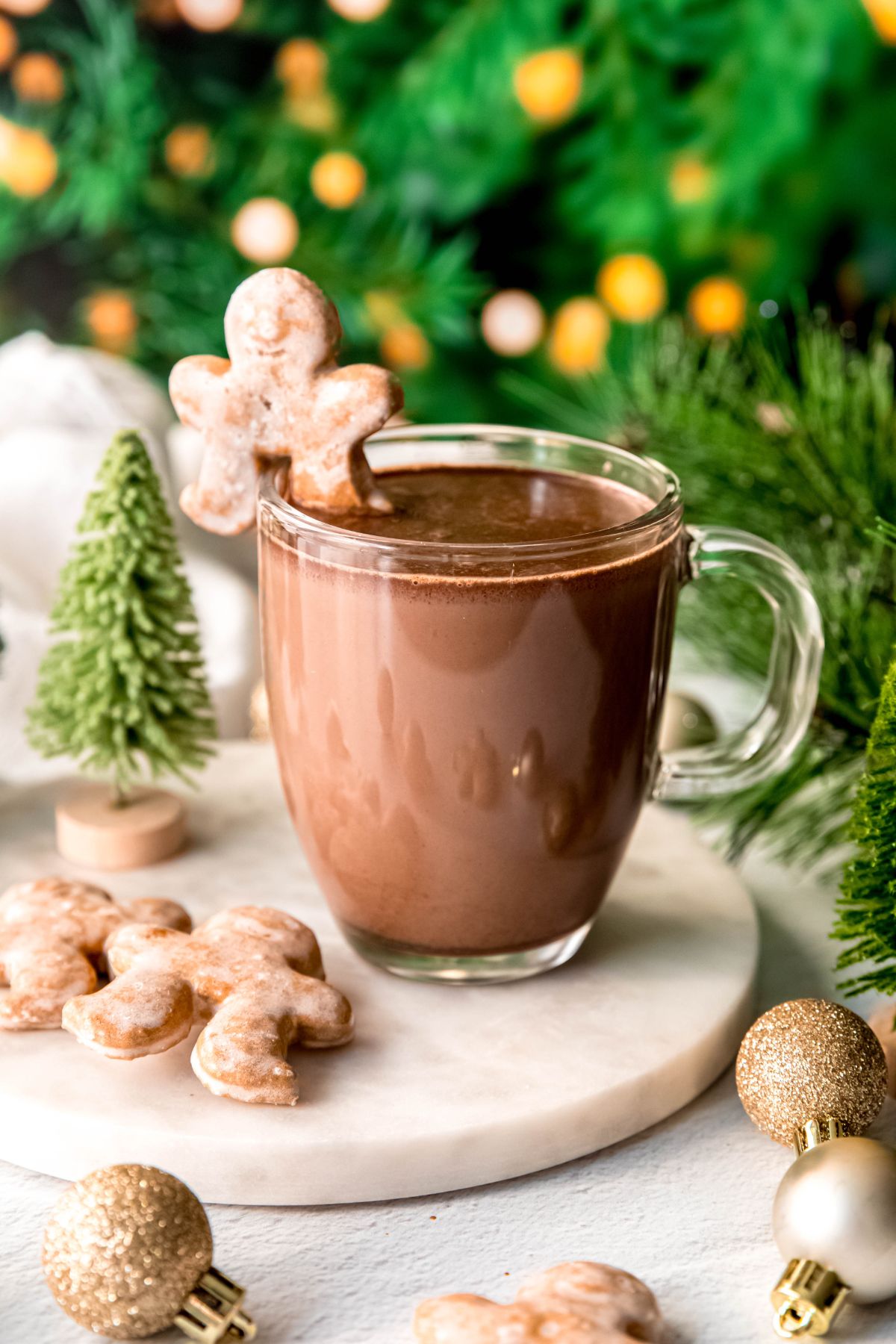 An up-close side shot of a glass mug of gingerbread hot chocolate on the counter with cookies.
