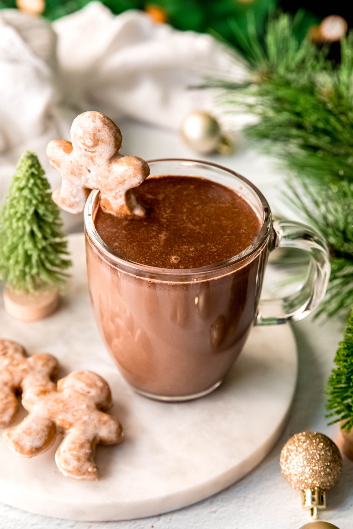 A close-up angled shot of a mug of gingerbread hot chocolate topped with cookies.
