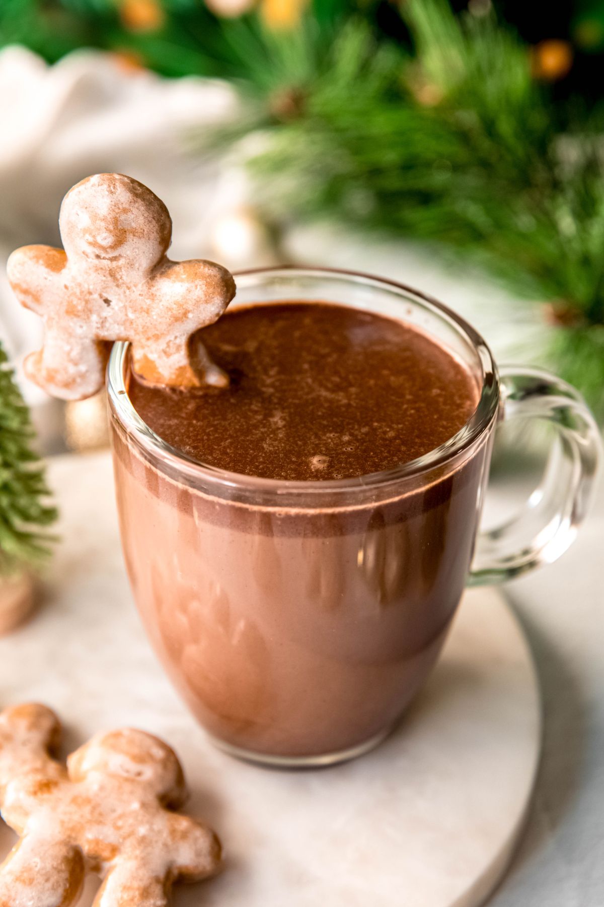 A close-up angled shot of a glass mug of gingerbread hot cocoa with a gingerbread cookie on the side of it. 